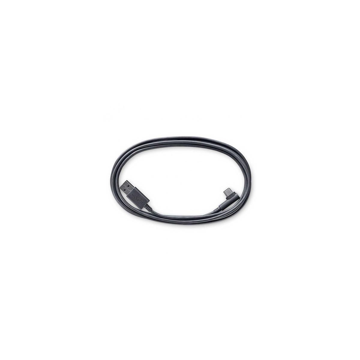 Un cavo USB-C nero con connettore USB-A, su sfondo bianco.