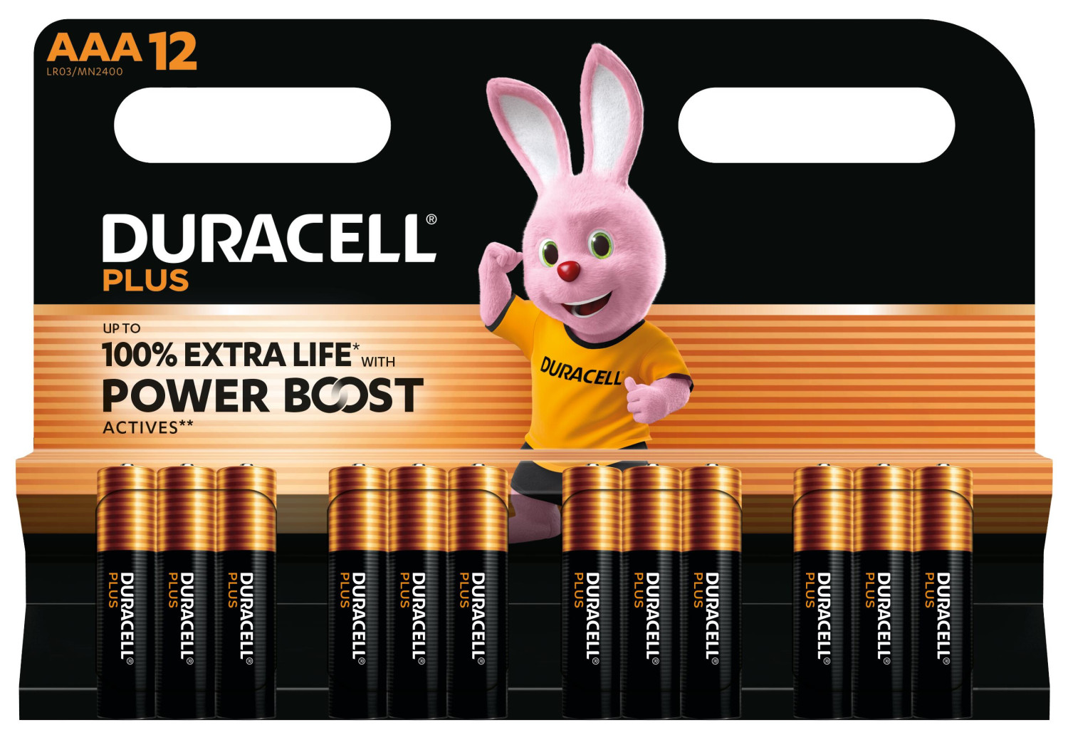 Confezione da 12 pile AAA Duracell Plus con un coniglietto rosa.
