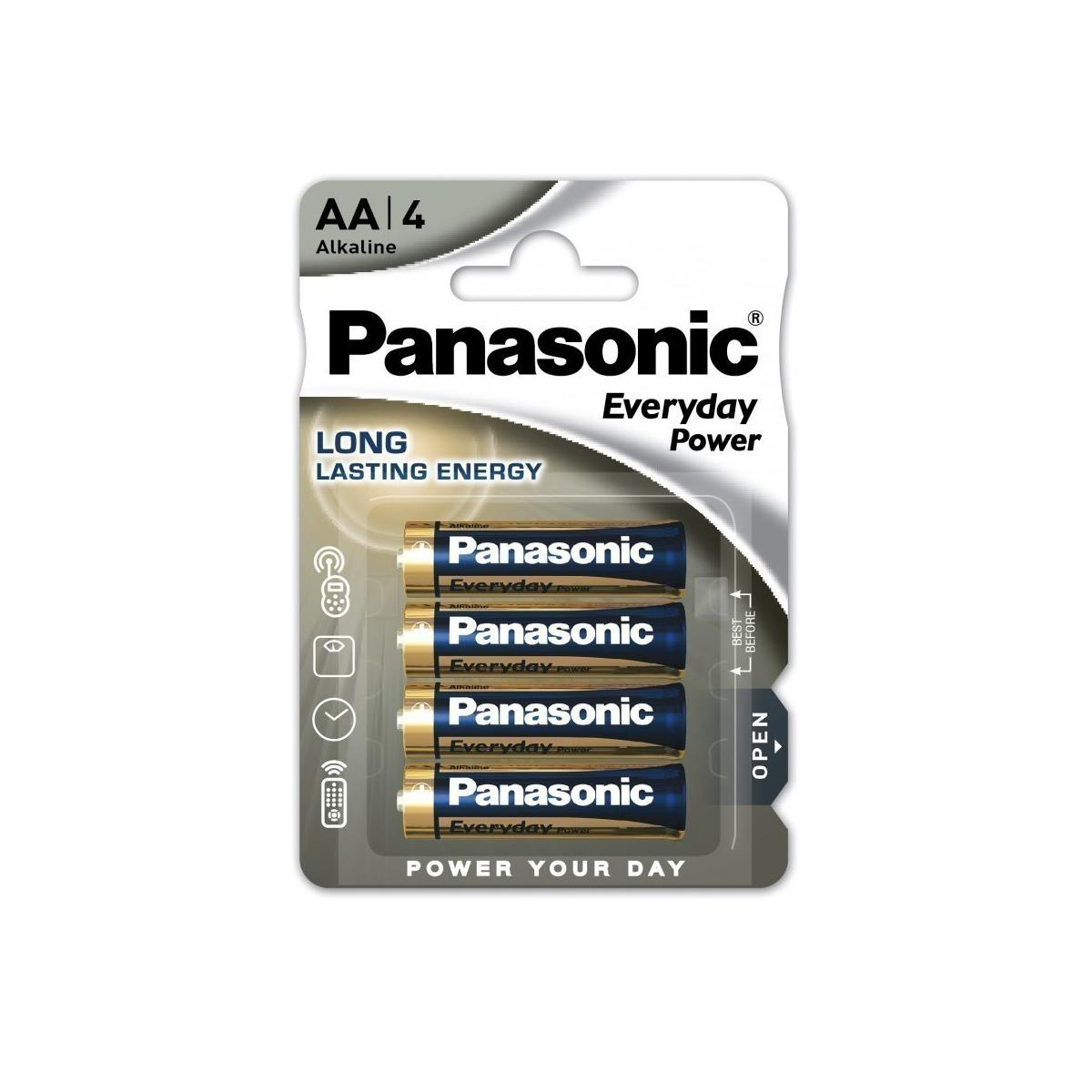 Confezione di quattro batterie AA Panasonic, color blu e oro.