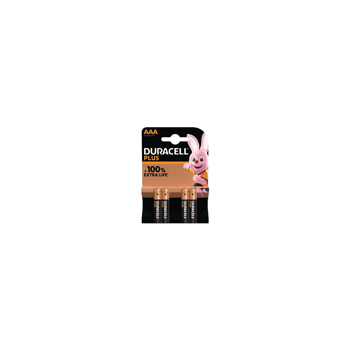 Duracell Plus AAA batteries in a 4-pack featuring a pink rabbit mascot.