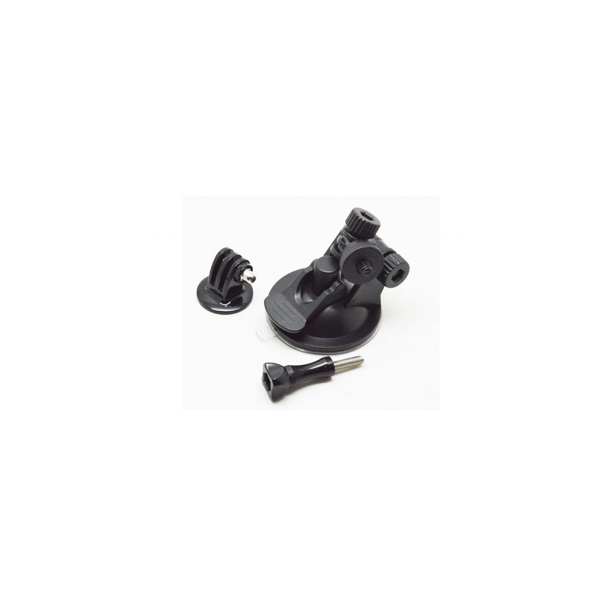 Supporto con ventosa nera con vite e adattatore per fotocamera.