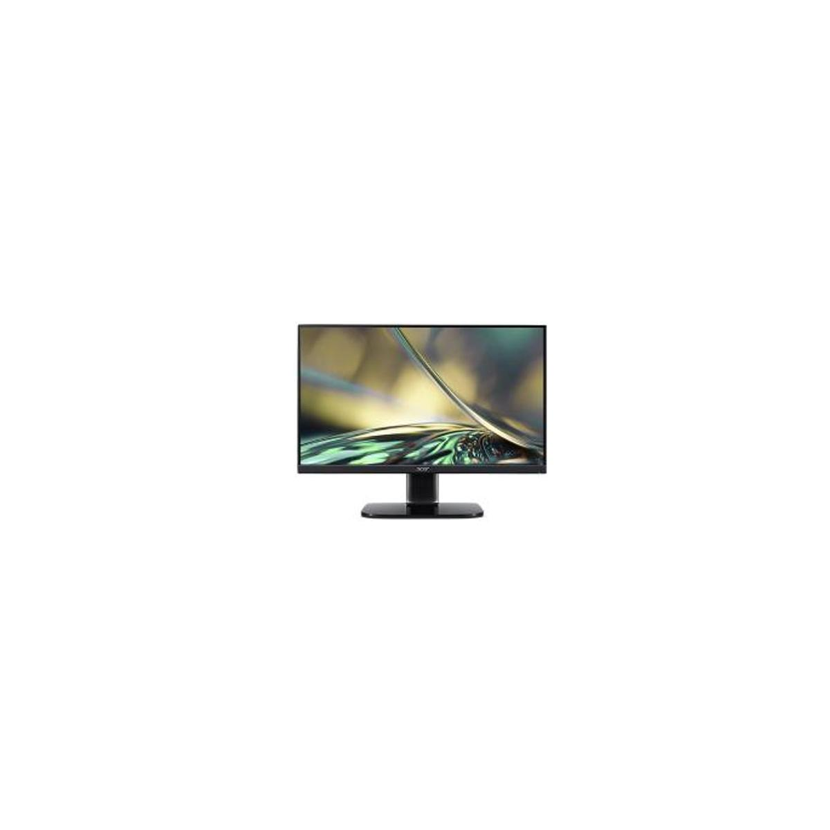 Un monitor negro que muestra un fondo de pantalla abstracto y colorido.