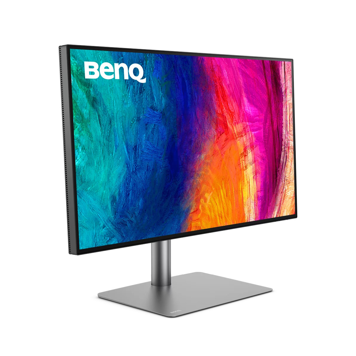 A modern BenQ monitor with a colorful, abstract background on a silver stand.