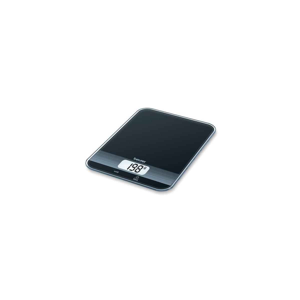 Schwarze digitale Küchenwaage mit silbernem Streifen und Anzeige 198g.