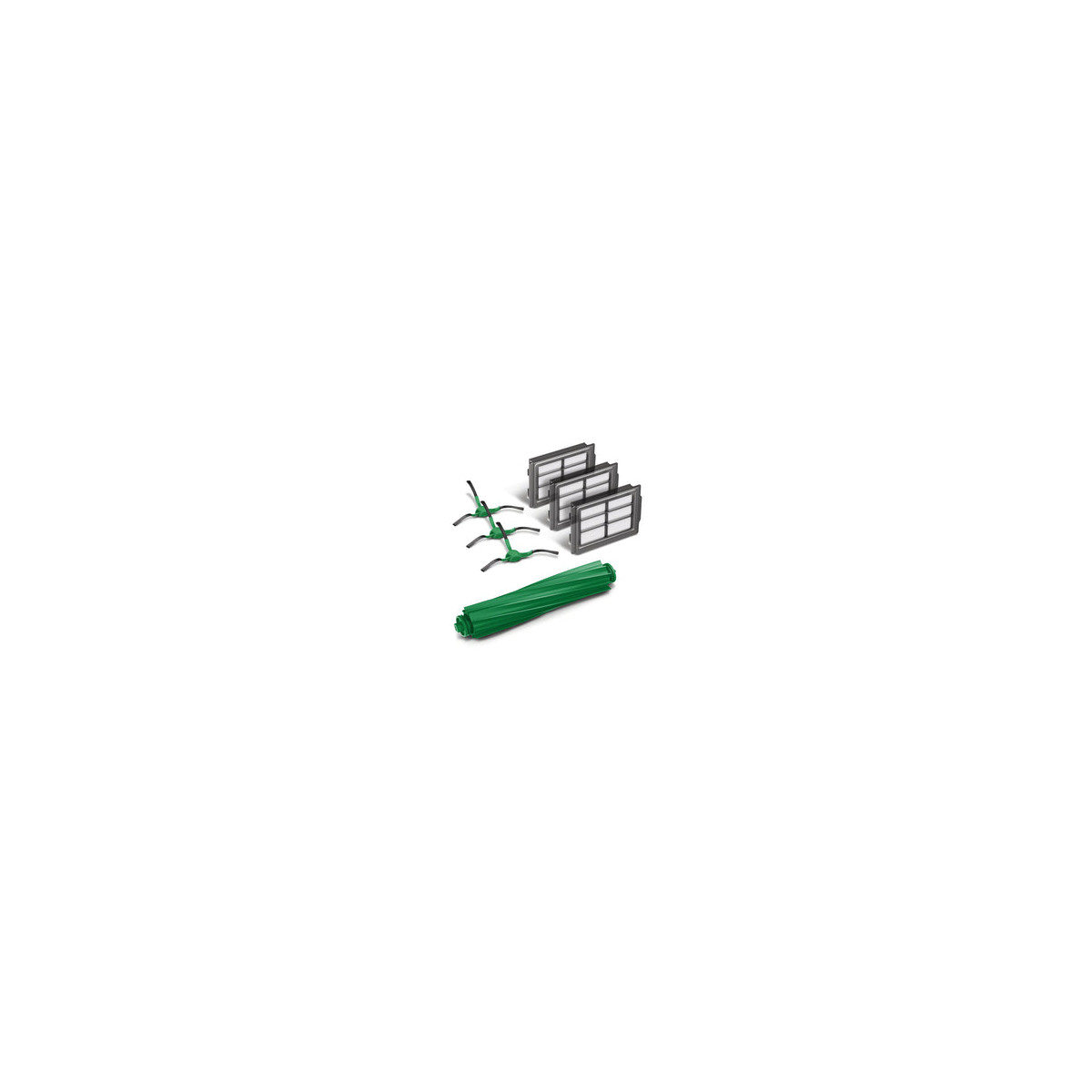 Rullo spazzola verde, tre filtri grigi e tre spazzole laterali verdi su sfondo bianco.