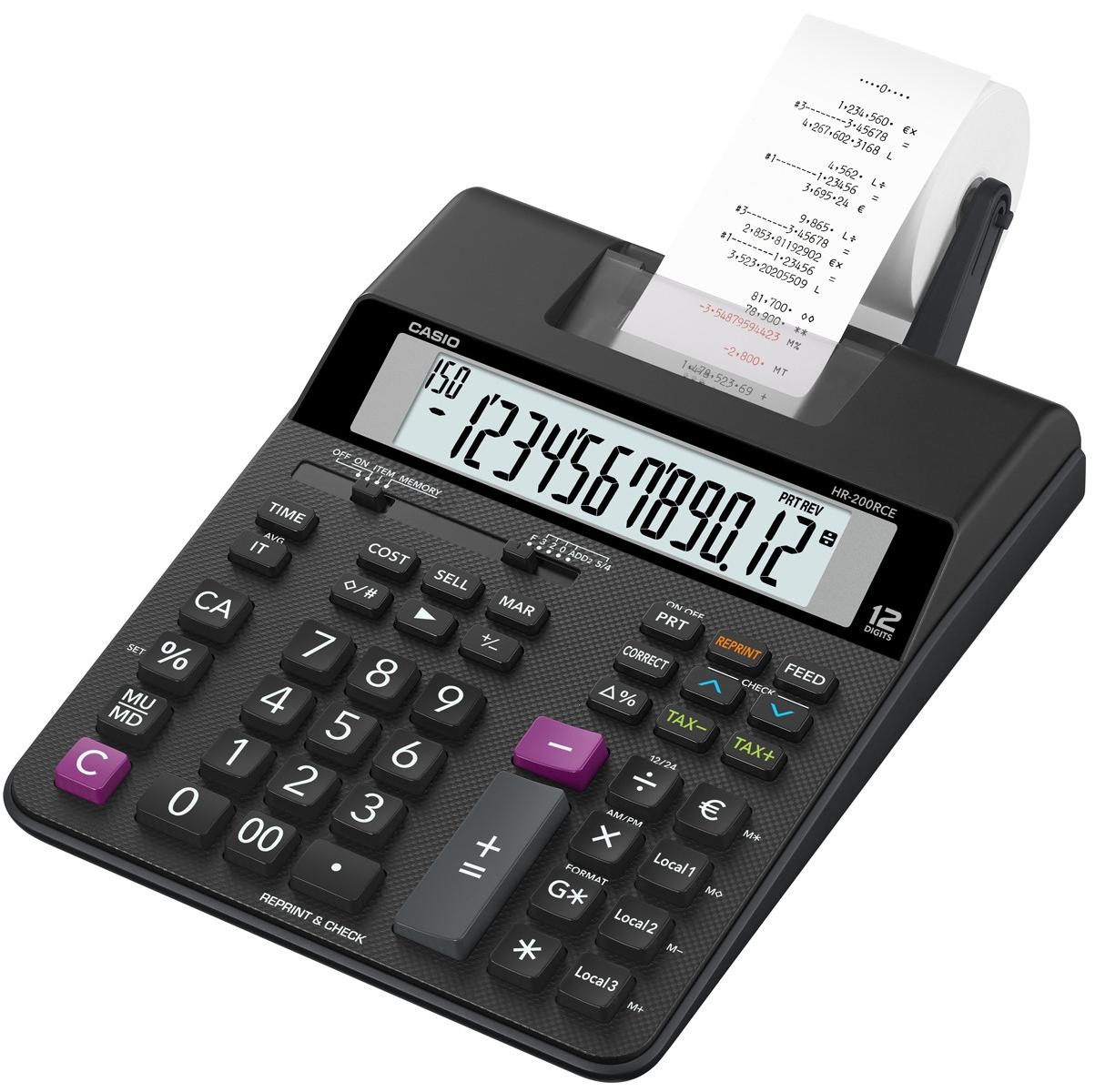 Une calculatrice imprimante Casio noire avec reçu imprimé et grand écran.