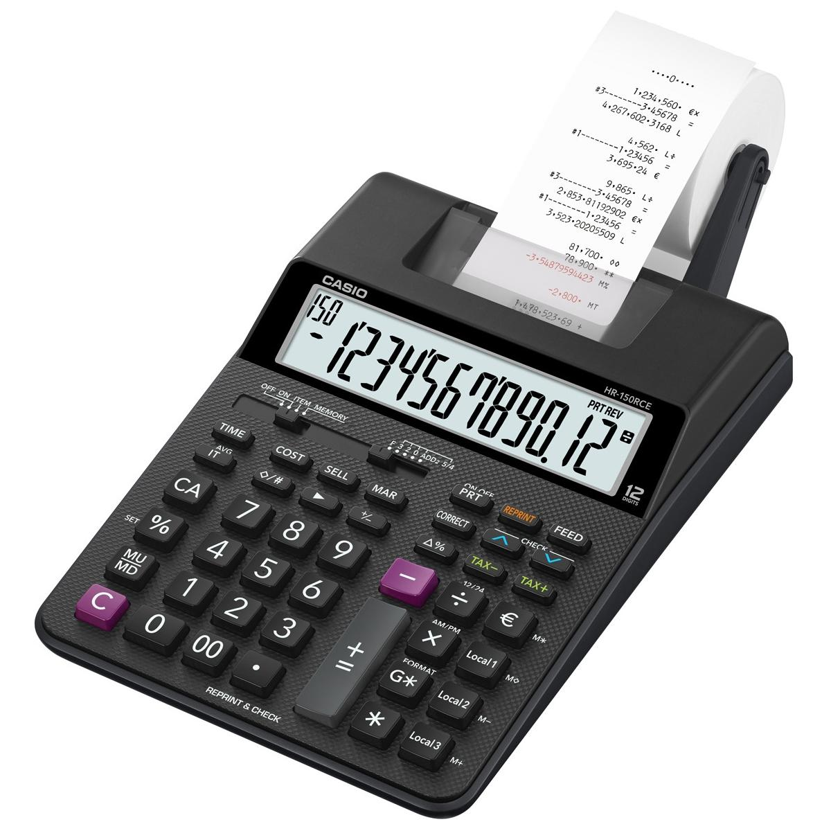 Een zwarte Casio rekenmachine met een afdrukkende bon.