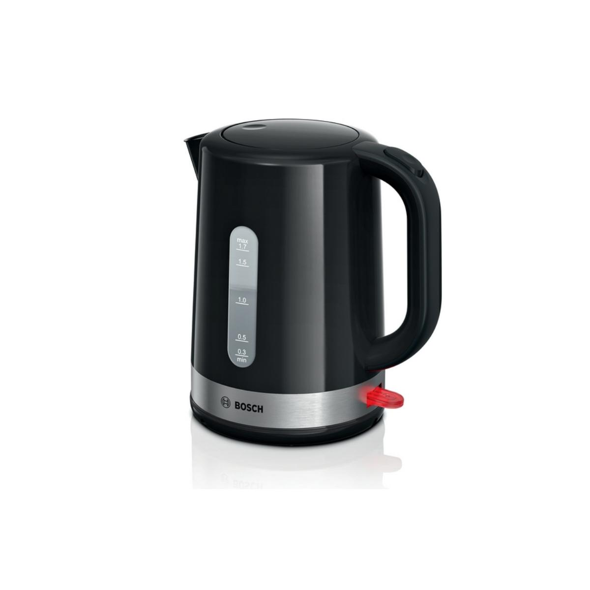 Bollitore nero con indicatore del livello dell'acqua e interruttore rosso su sfondo bianco.