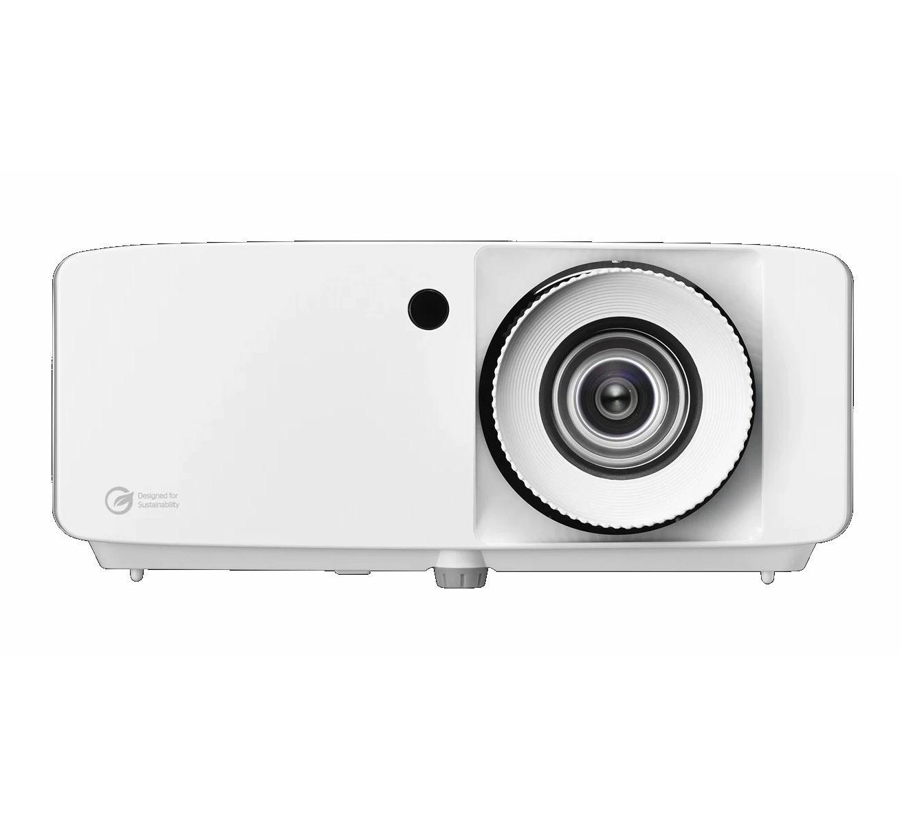 Un projecteur blanc avec lentille, récepteur IR et logo de durabilité.