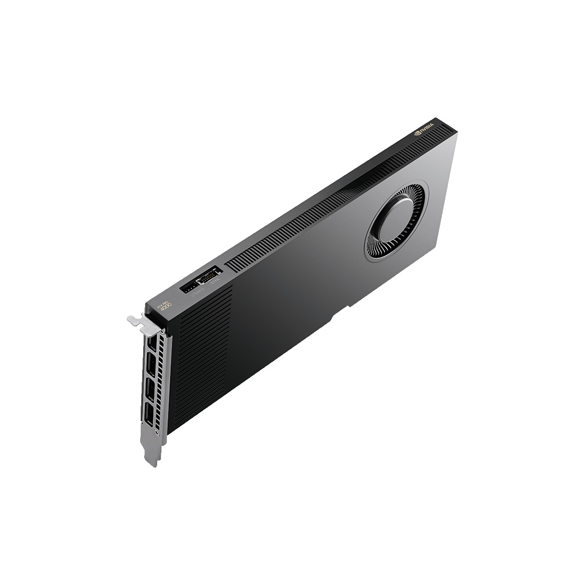 A black NVIDIA graphics card with a fan and ports on a white background.