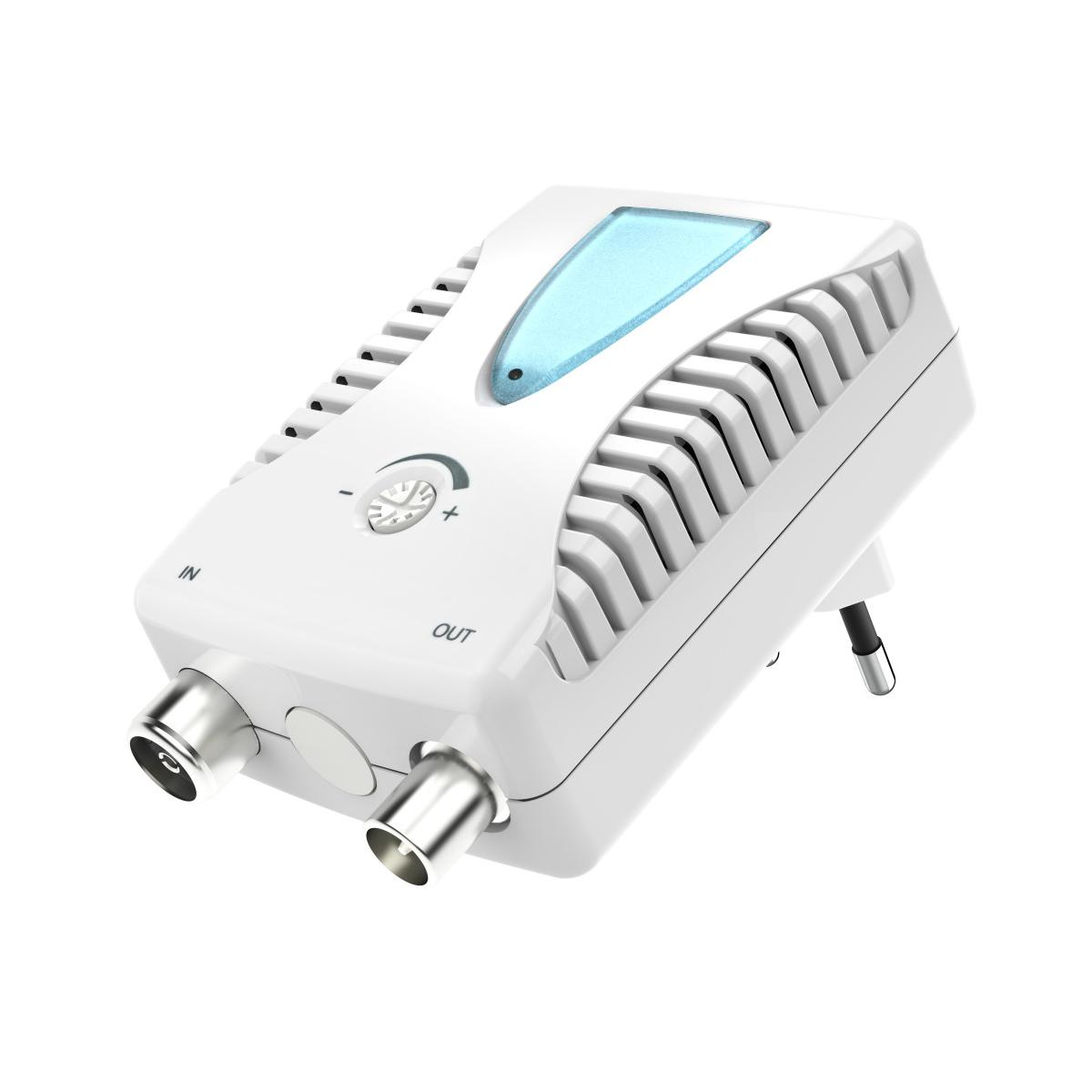 Un amplificador de antena blanco con LED azul y conectores de entrada/salida.