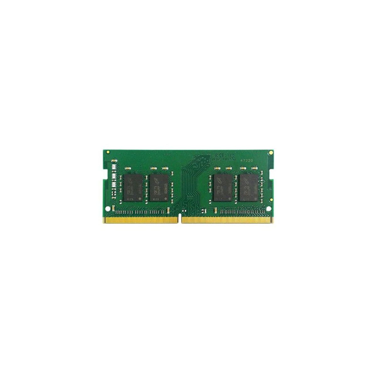 Ein grünes RAM-Modul mit vier Chips und goldenen Kontakten auf weißem Hintergrund.