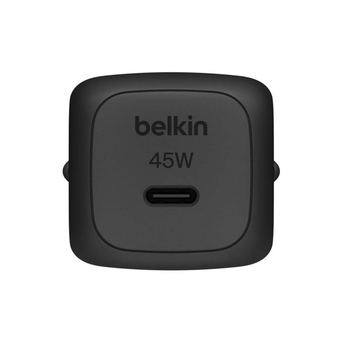 Chargeur Belkin 45W USB-C noir aux coins arrondis et port USB-C central.
