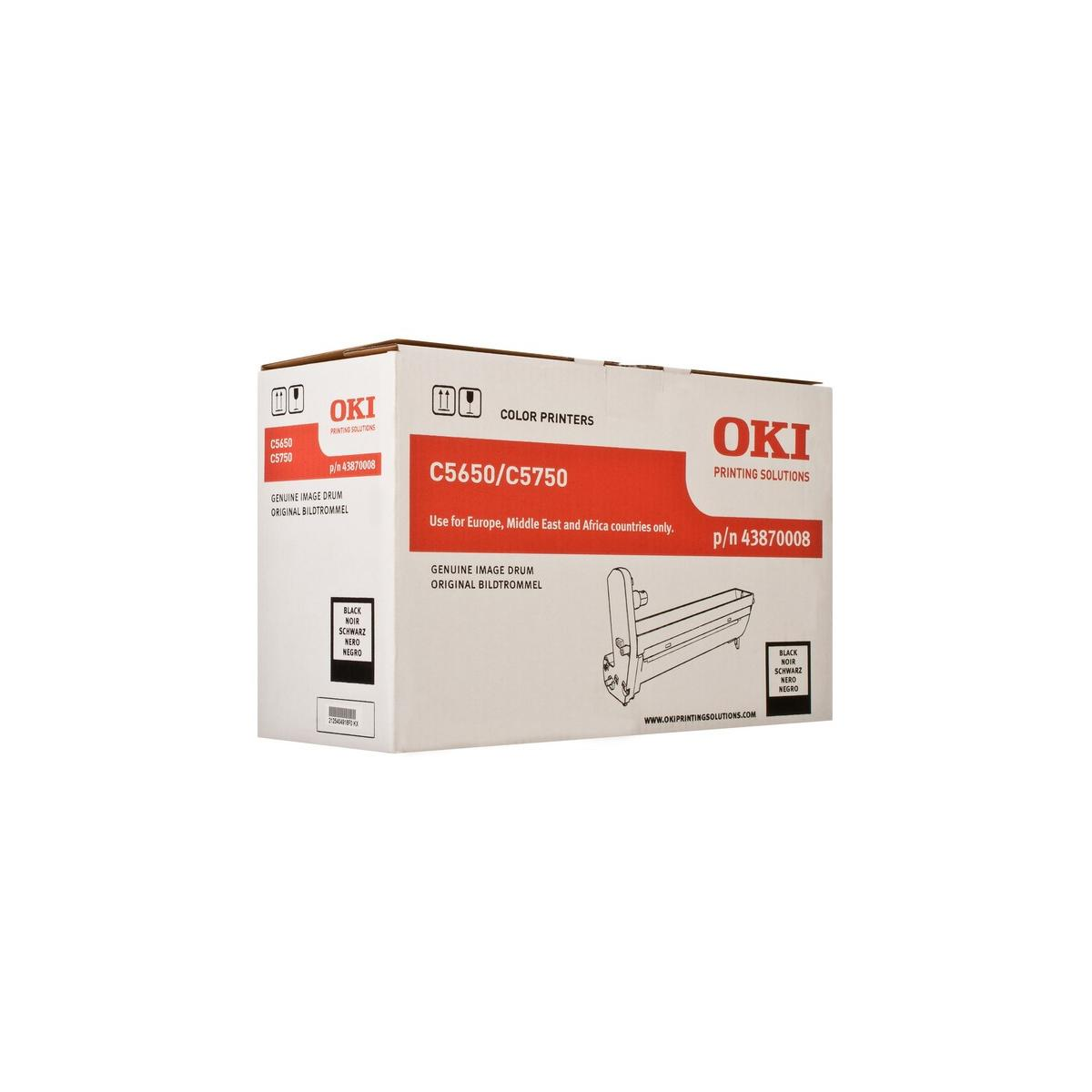 Imballaggio tamburo immagine OKI C5650/C5750 con dettagli tecnici e istruzioni.