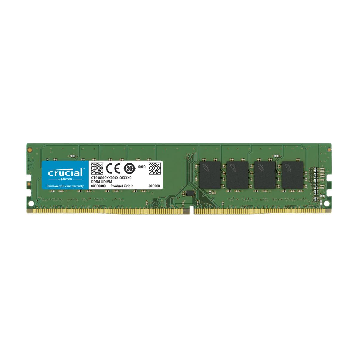 Modulo RAM verde con logo Crucial, marchio CE e informazioni prodotto.