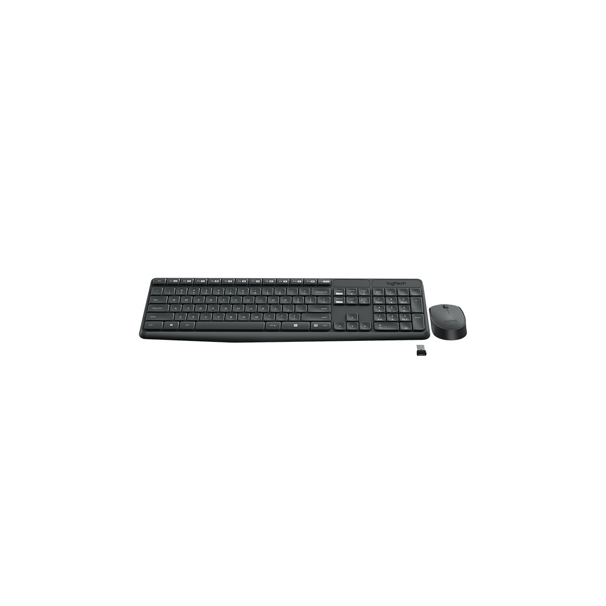 Tastiera e mouse wireless neri con ricevitore USB su sfondo bianco.