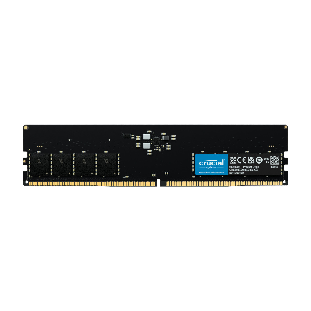 Une barrette RAM DDR5 UDIMM noire avec logo Crucial et marquages CE/UKCA.
