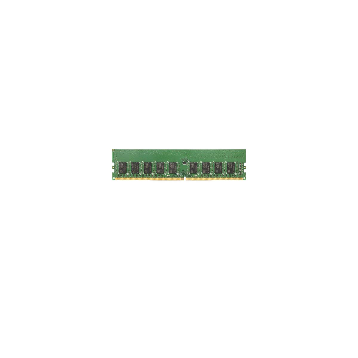Een groene RAM-module met acht zwarte geheugenchips en gouden contacten.