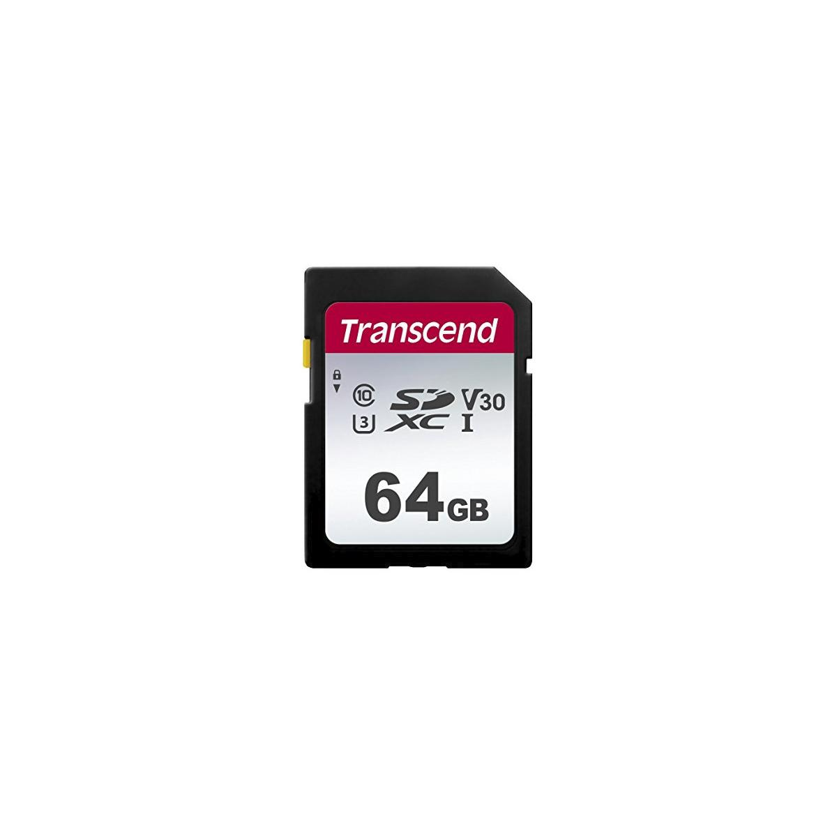 Transcend 64GB SDXC I V30 geheugenkaart op witte achtergrond.