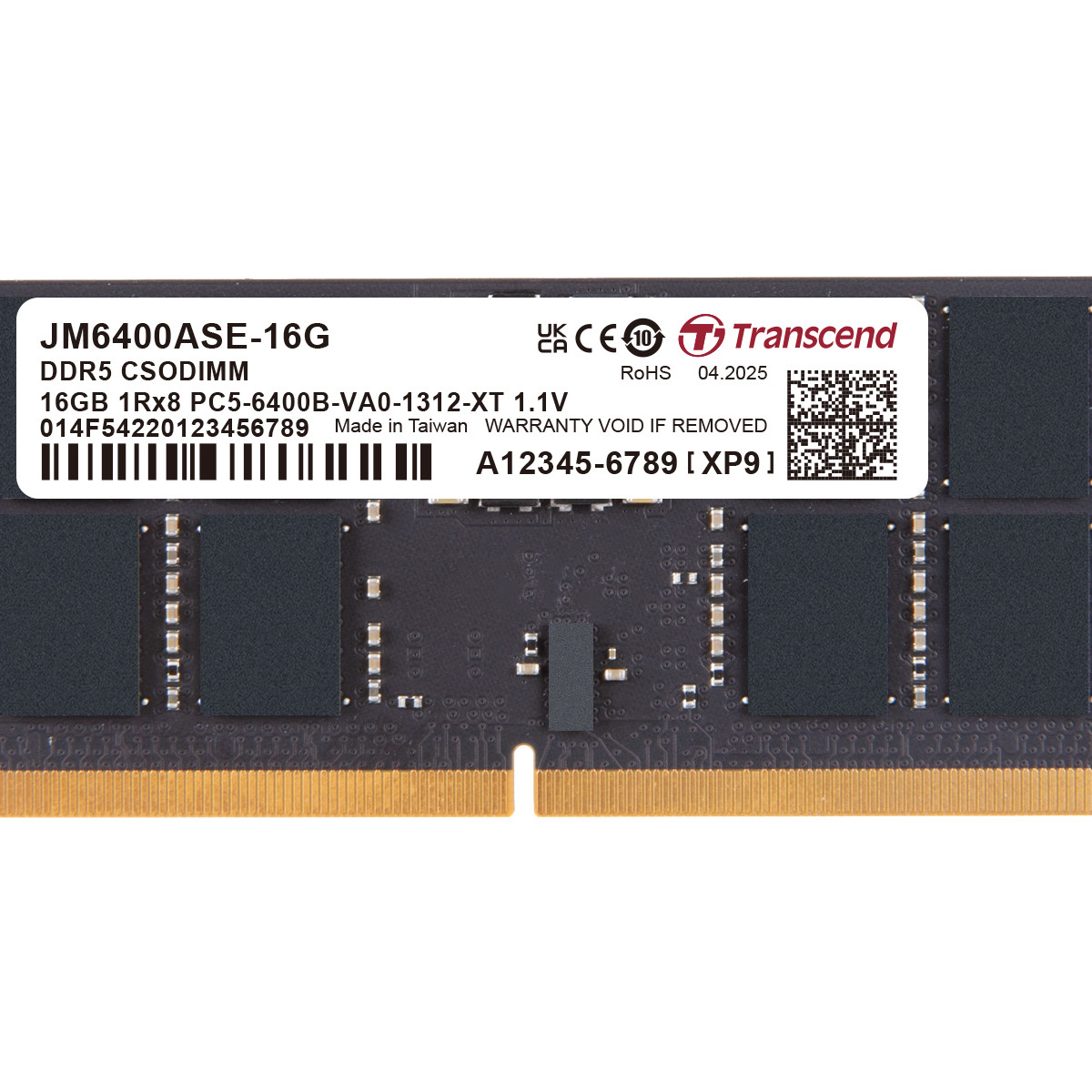 Modulo RAM Transcend 16GB DDR5 CSODIMM con dettagli sull'etichetta.