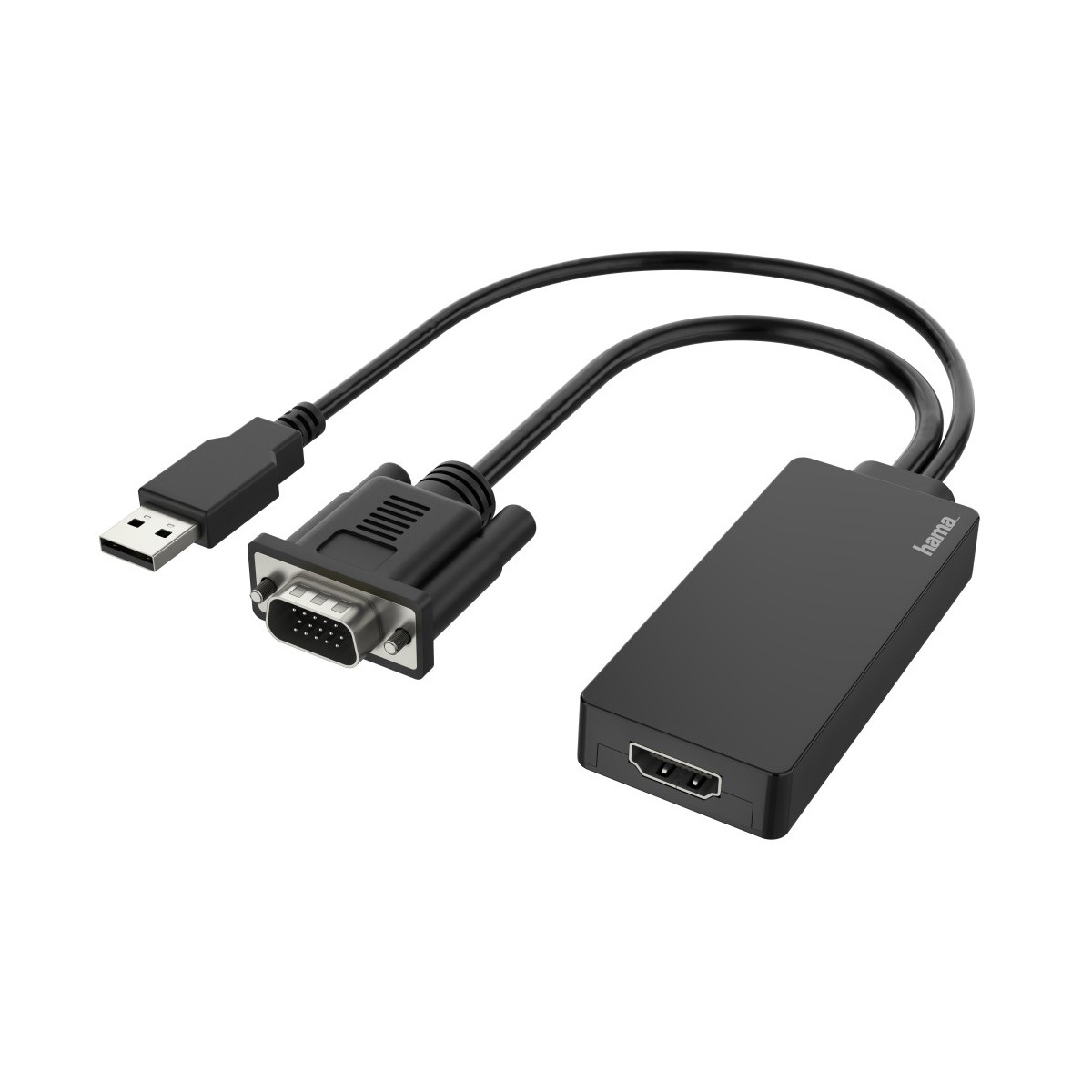 Czarny adapter Hama z portami USB, VGA i HDMI na białym tle.