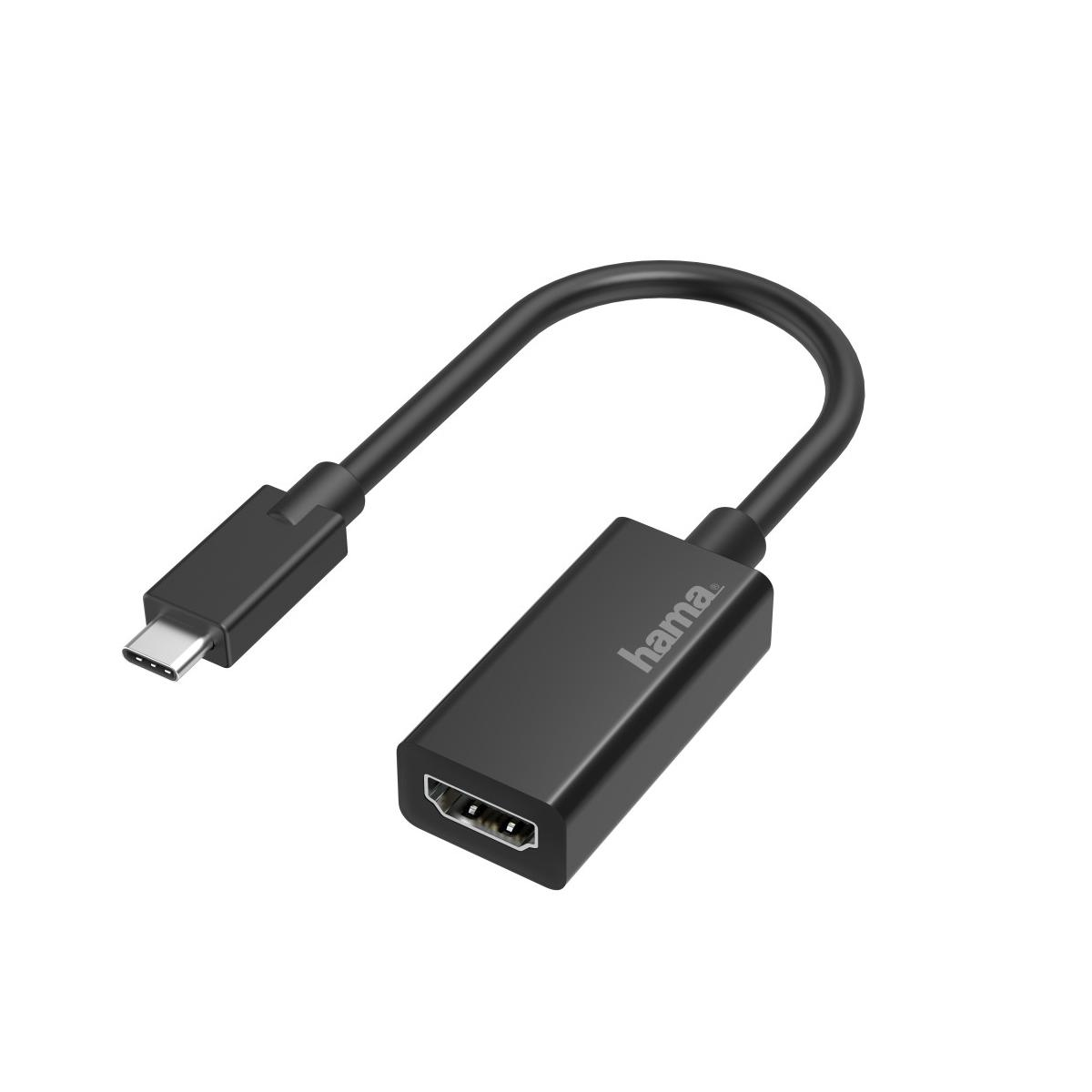 Adaptador Hama USB-C a HDMI negro con cable curvo.
