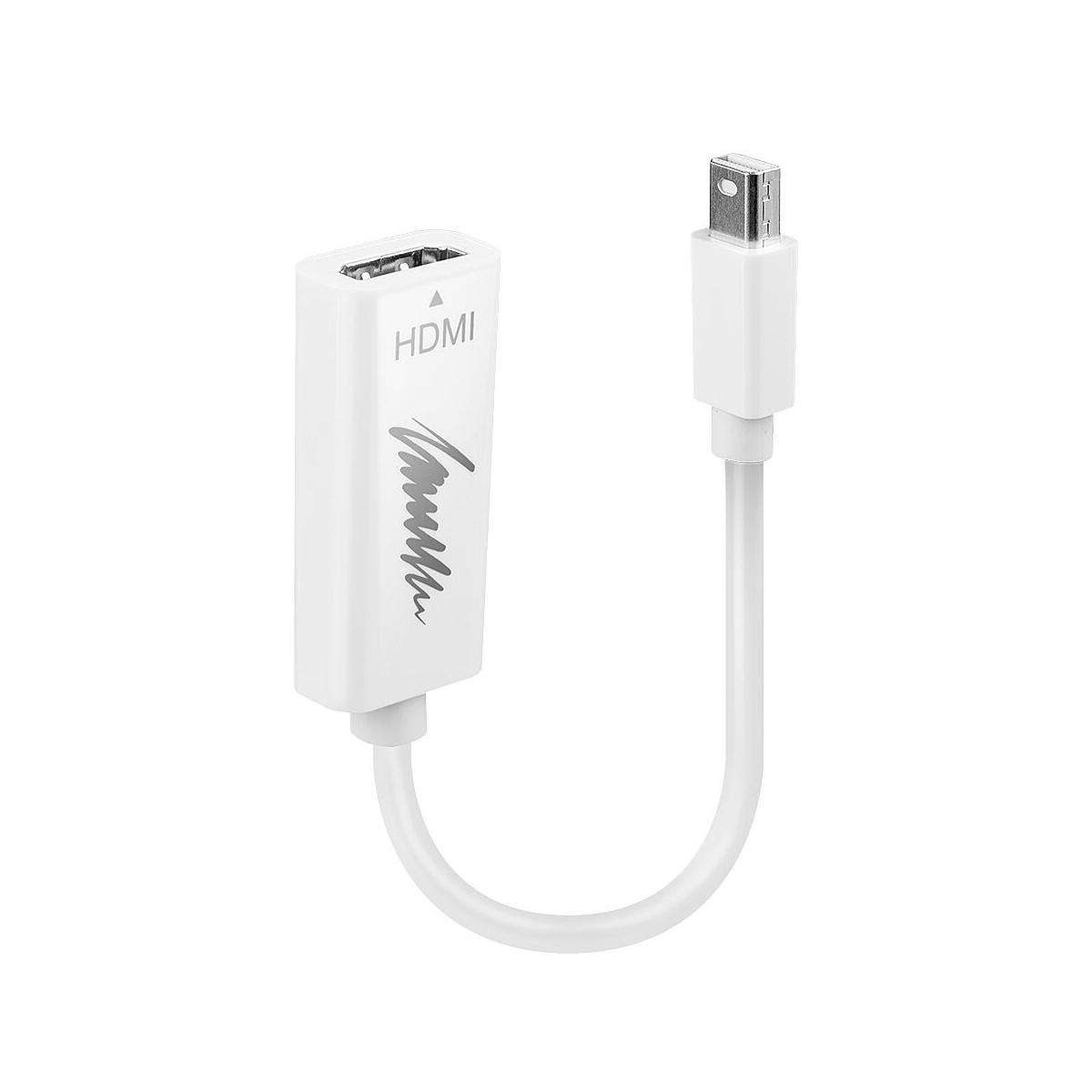 Un adaptador HDMI blanco con conector mini DisplayPort sobre fondo blanco.