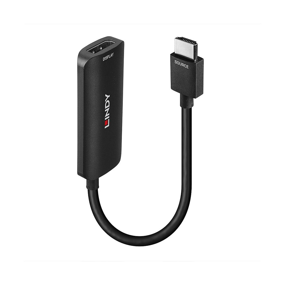 Schwarzer Lindy HDMI-Adapter mit Display- und Quellanschlüssen.