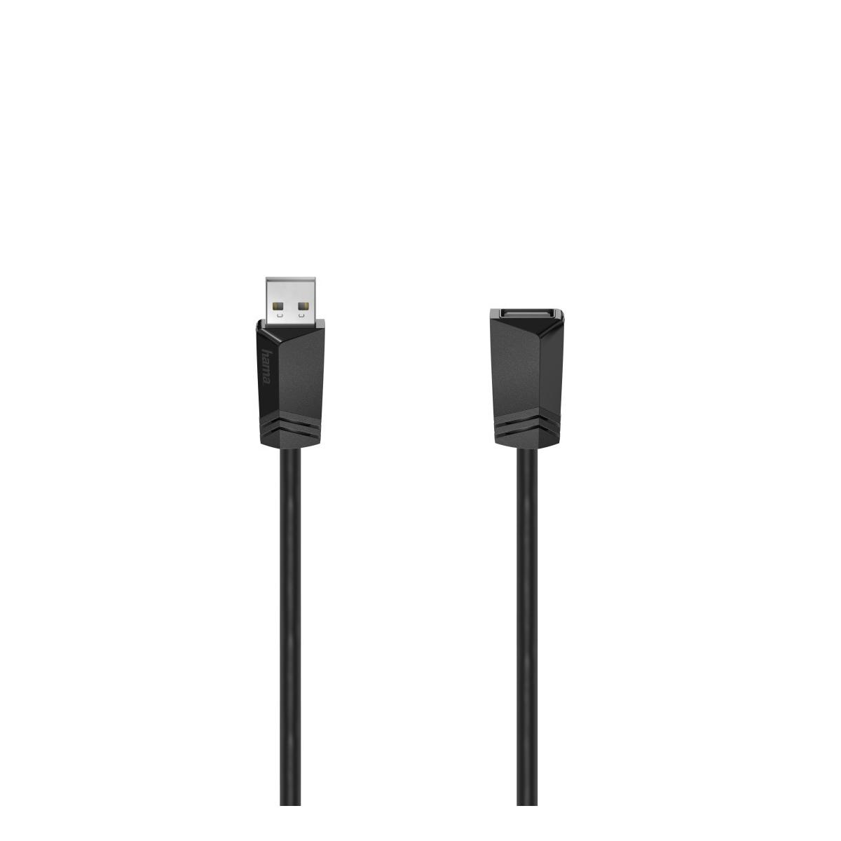 Un cavo USB nero con spina maschio e presa femmina su sfondo bianco.