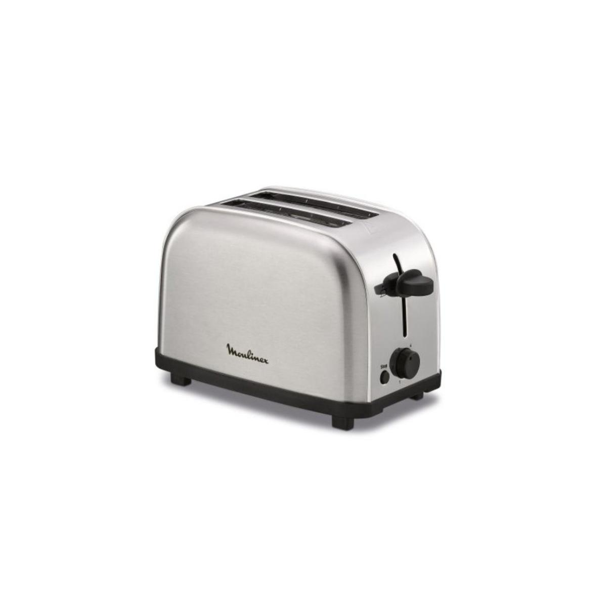Silberner Toaster mit zwei Schlitzen und schwarzem Griff und Drehregler.