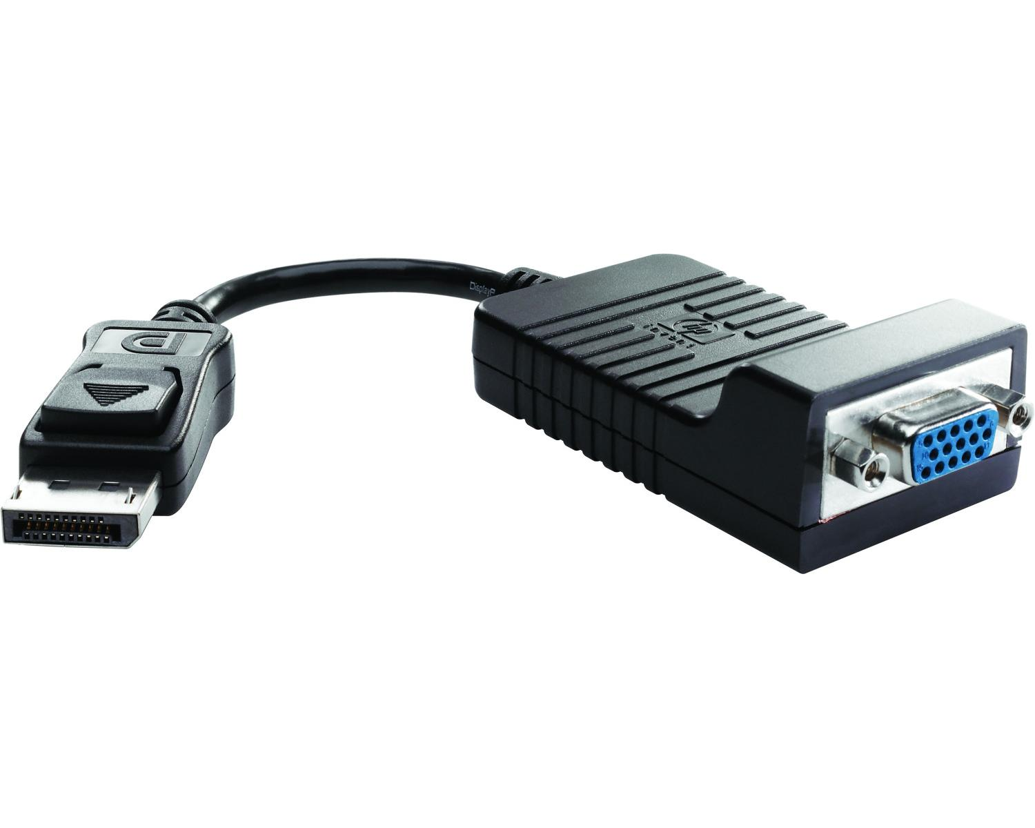 Un adattatore DisplayPort a VGA nero con connettore DisplayPort e porta VGA.