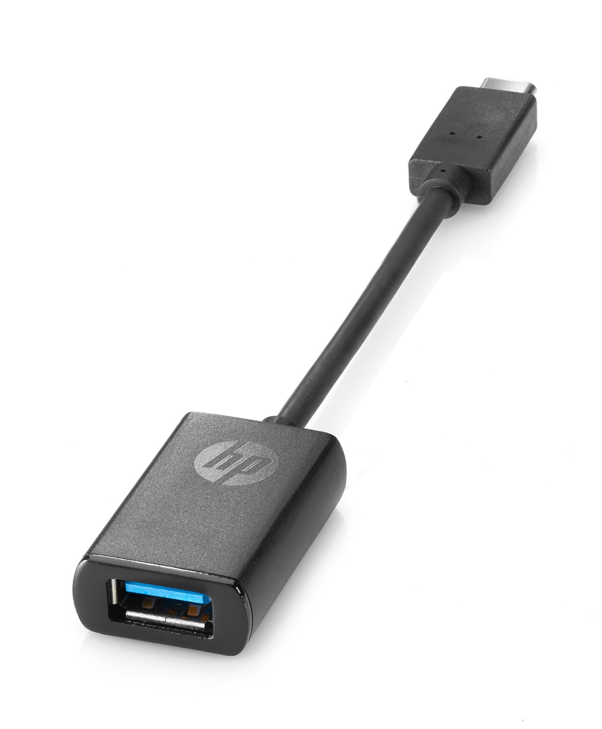 Ein schwarzes HP USB-C zu USB-A Adapterkabel auf weißem Grund.