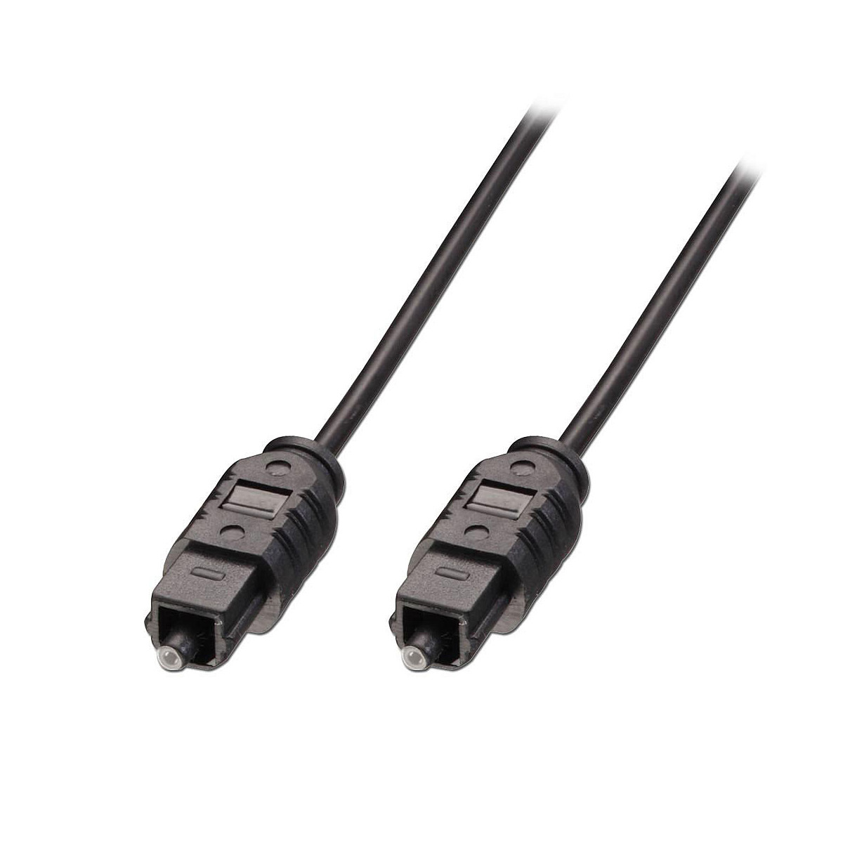 Un cavo audio ottico nero con due connettori TOSLINK.