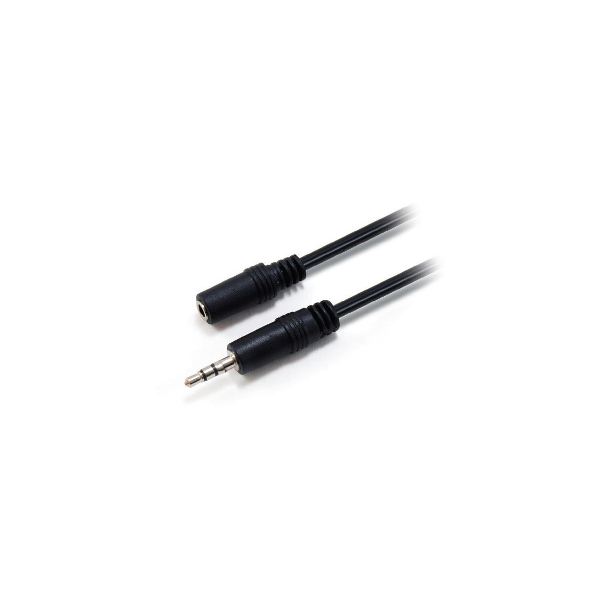 A black audio cable with a 3.5mm male plug and female jack on a white background.