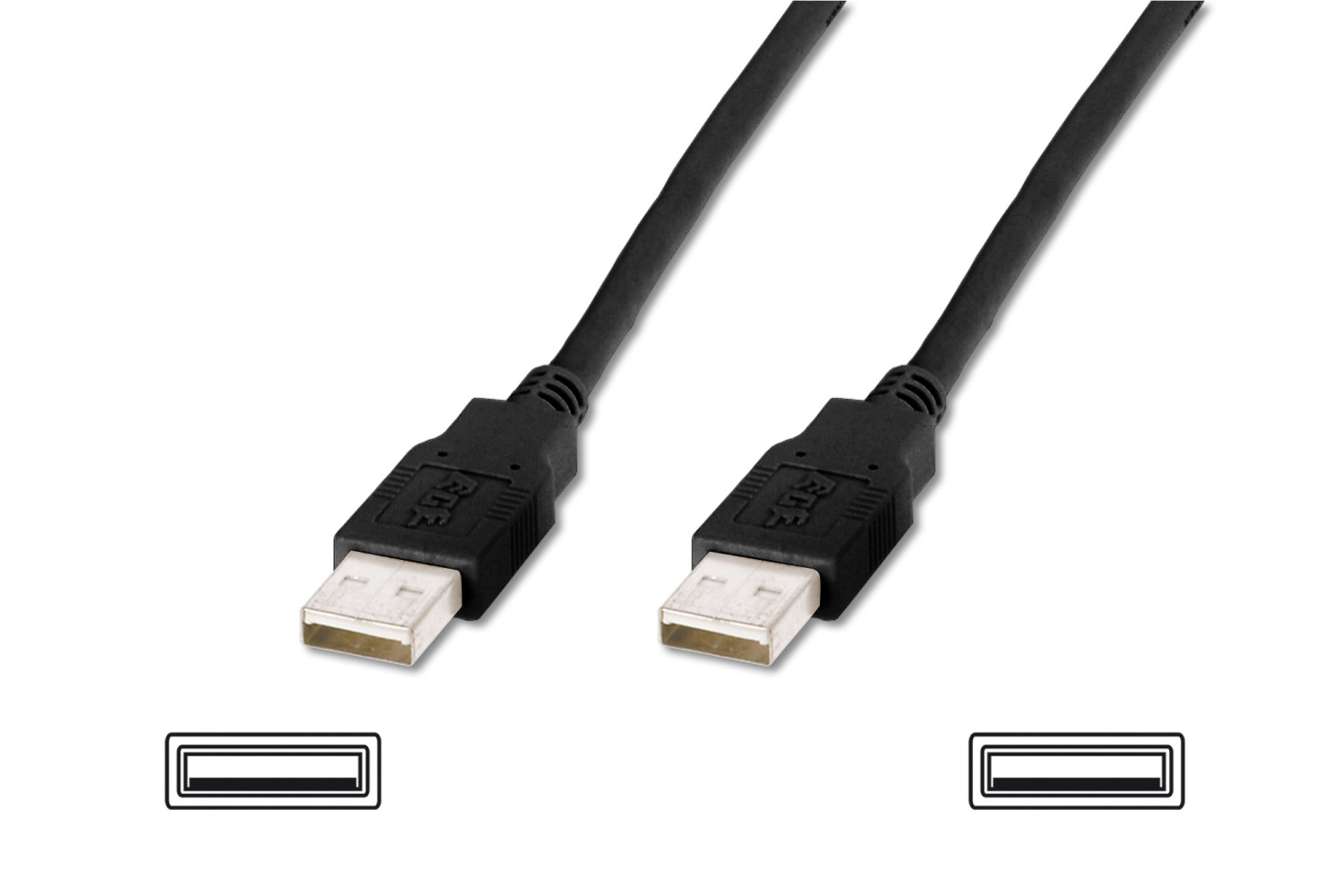 Due cavi USB neri con connettori e rappresentazioni schematiche.
