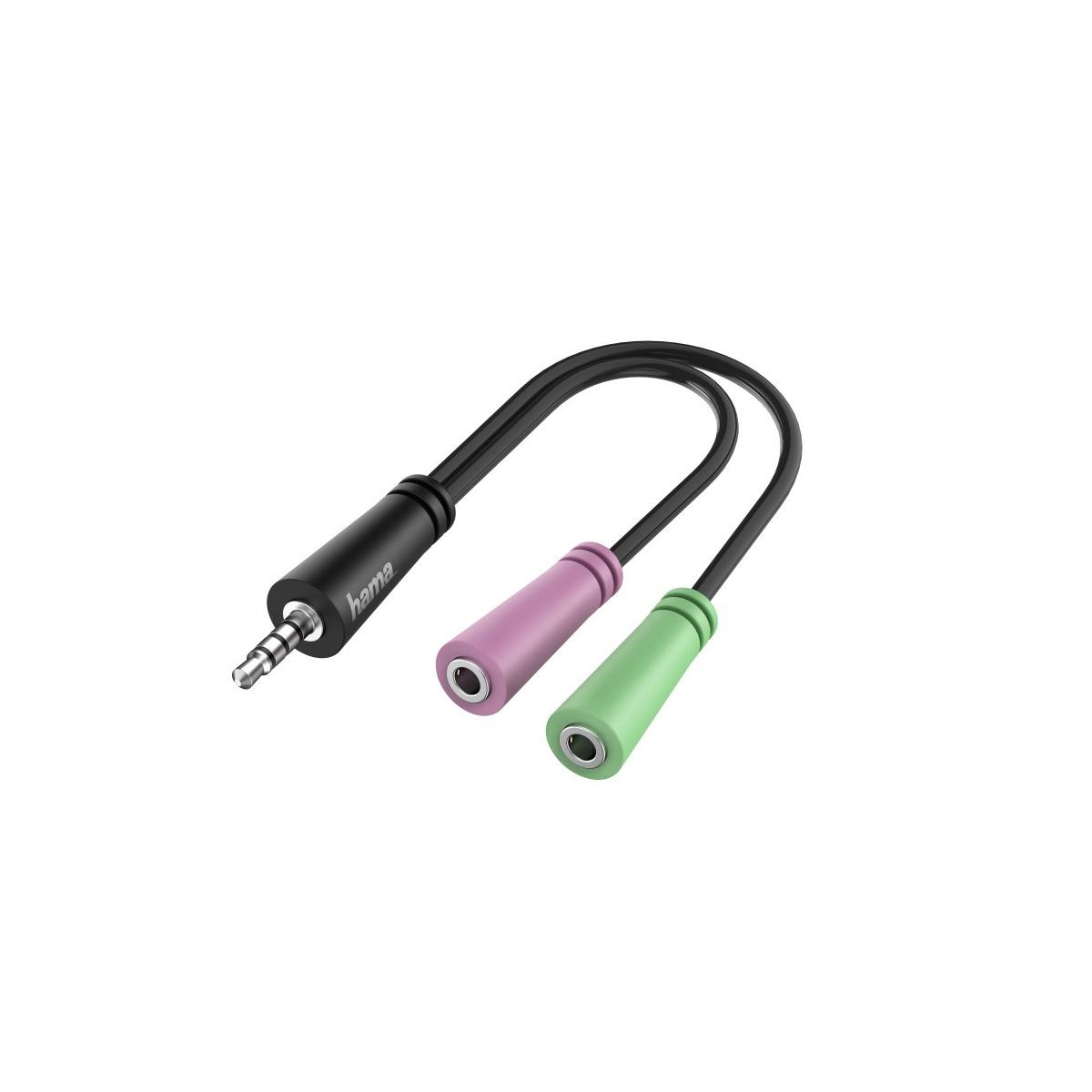 Uno splitter audio Hama nero con spina da 3,5 mm e due prese (viola e verde).