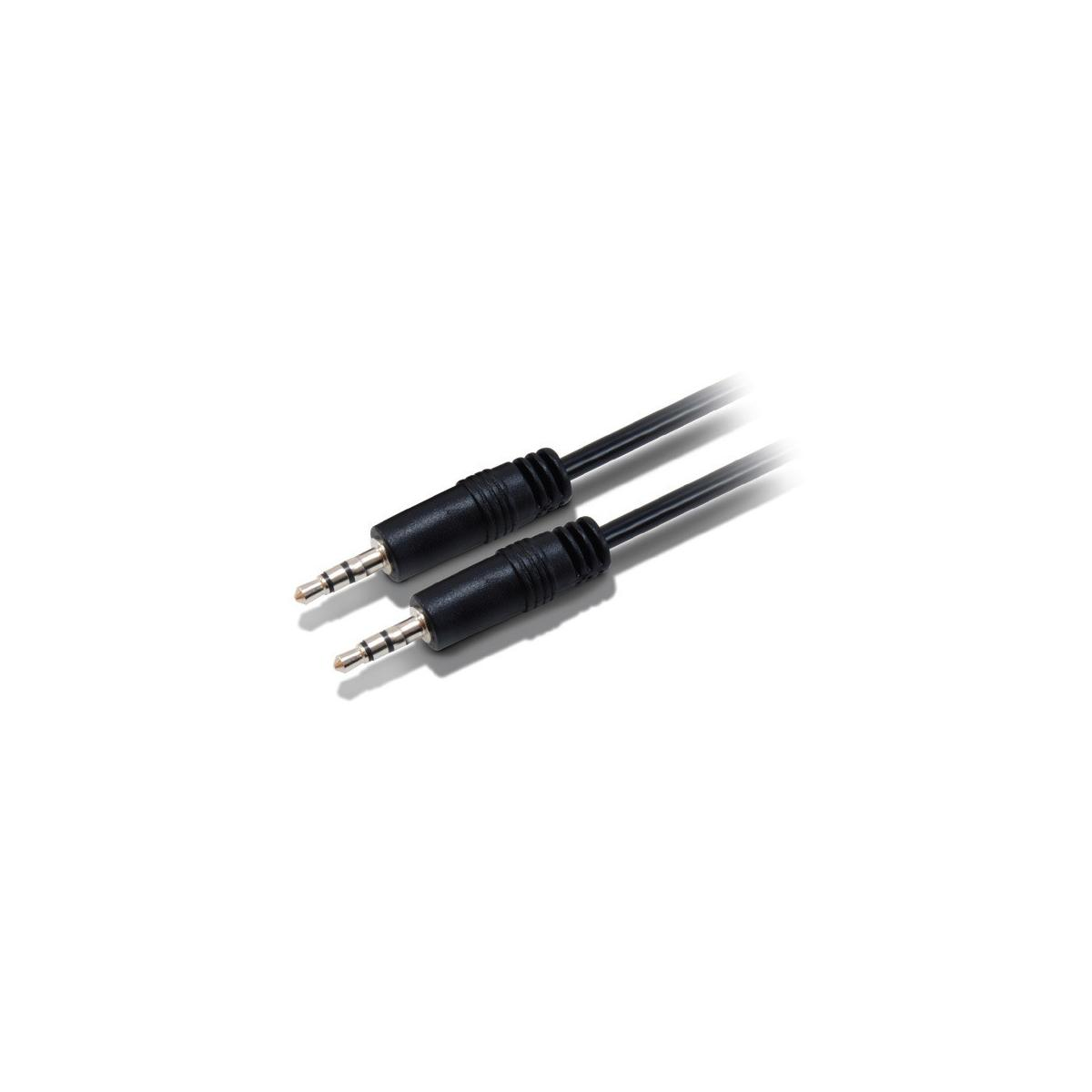 Dos cables de audio negros con conectores de 3,5 mm yacen uno al lado del otro.