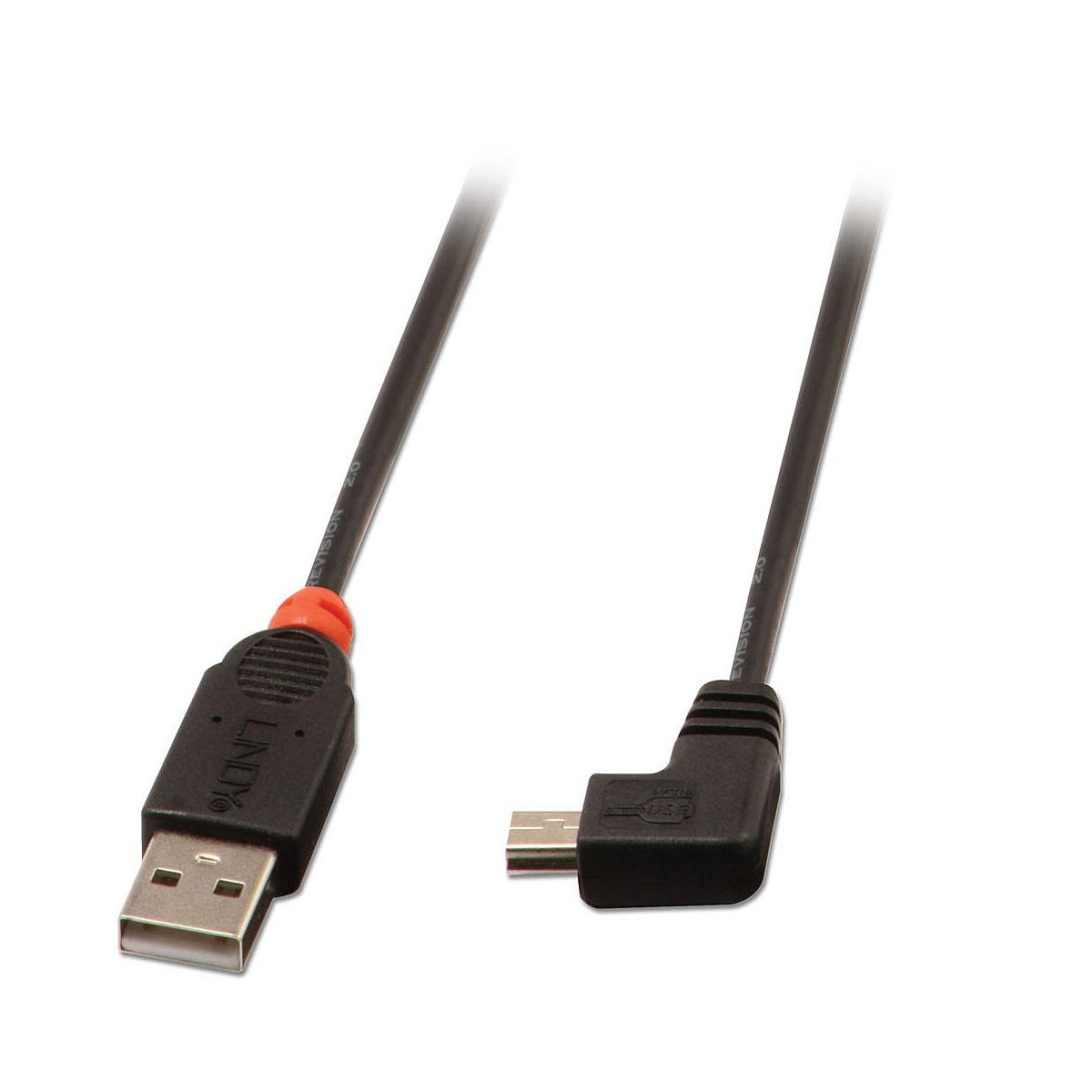 Un cavo USB nero con connettore USB-A e connettore Micro-USB angolato.