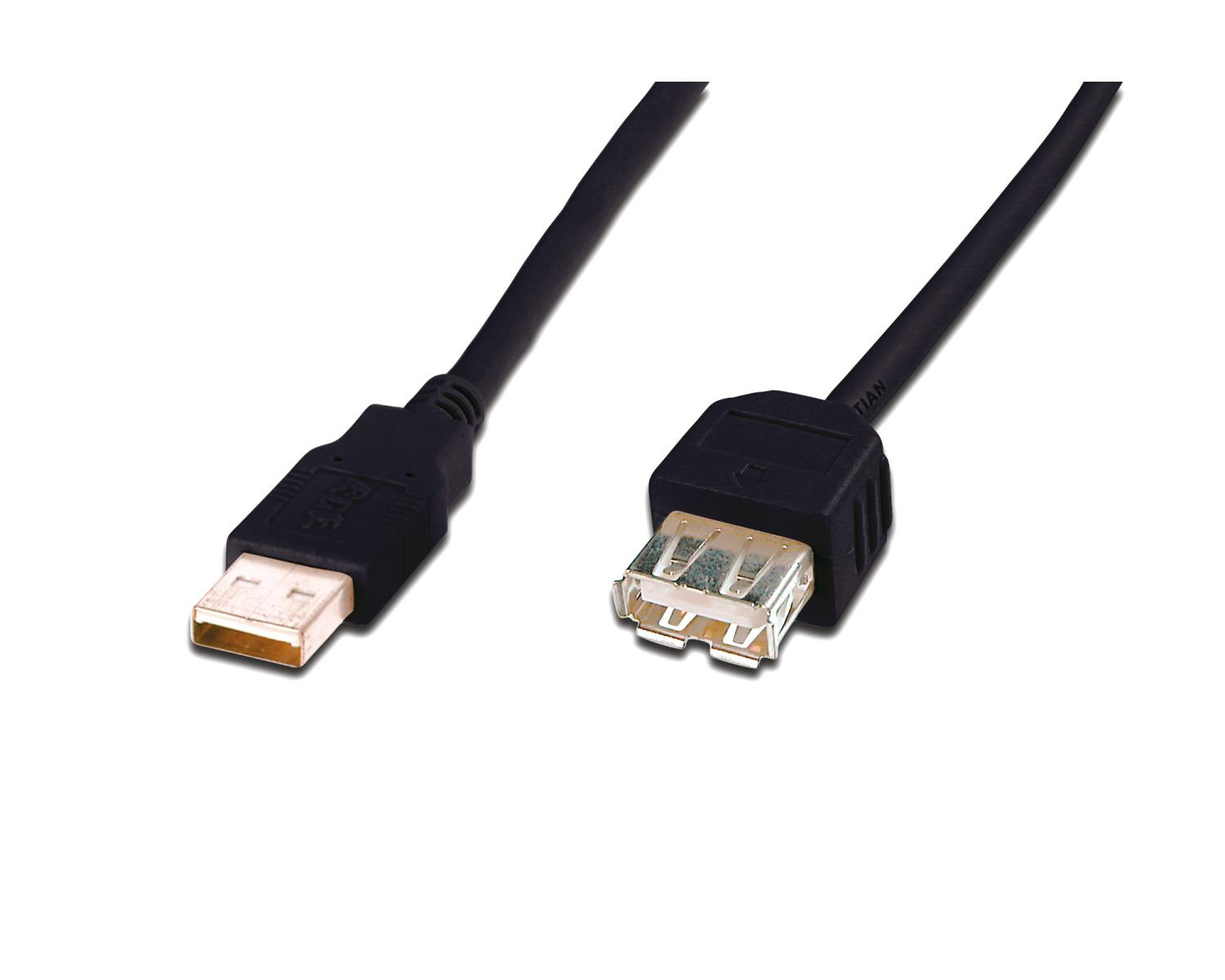 Ein schwarzes USB-Verlängerungskabel mit einem männlichen und einem weiblichen Anschluss.