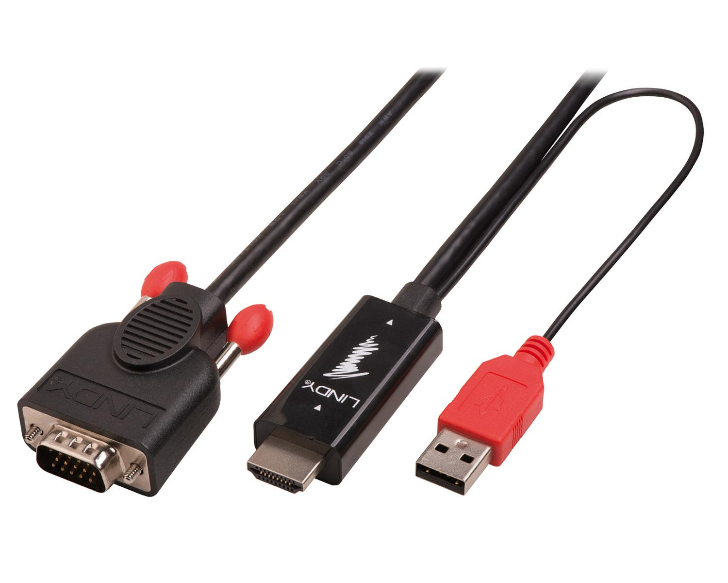 Cable negro con conectores VGA, HDMI y USB. VGA tiene tornillos moleteados rojos.