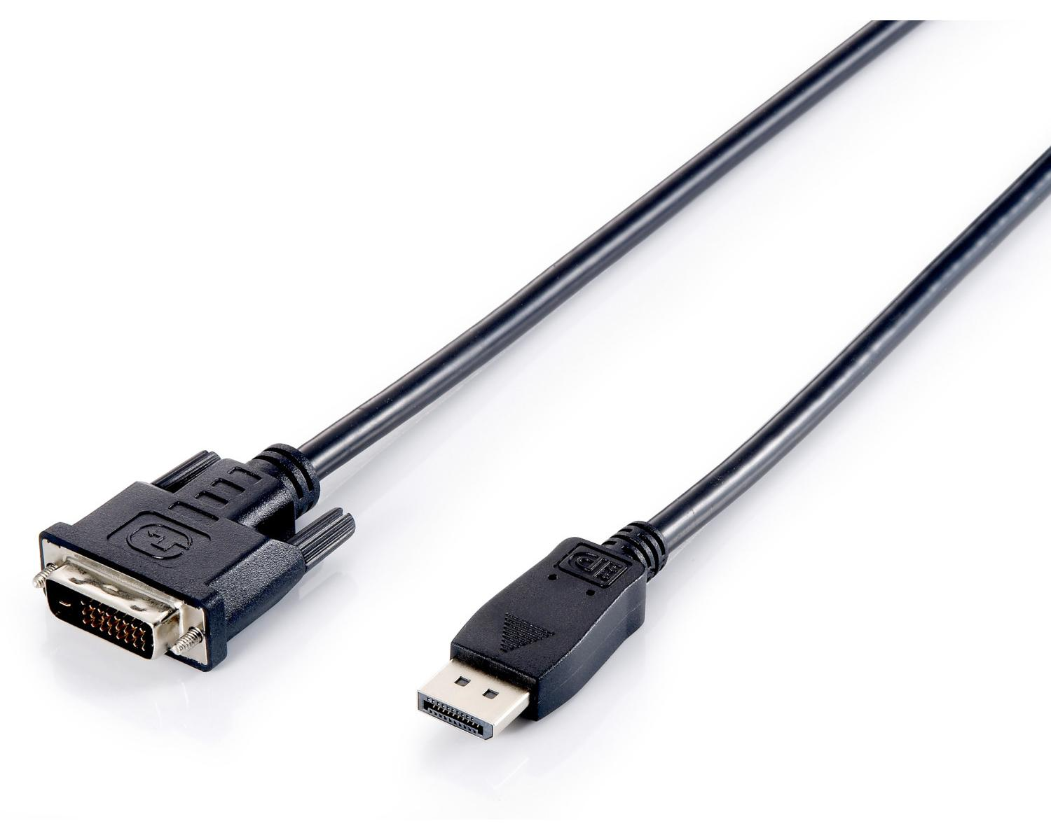 Cavo DVI a DisplayPort nero con connettori su sfondo bianco.