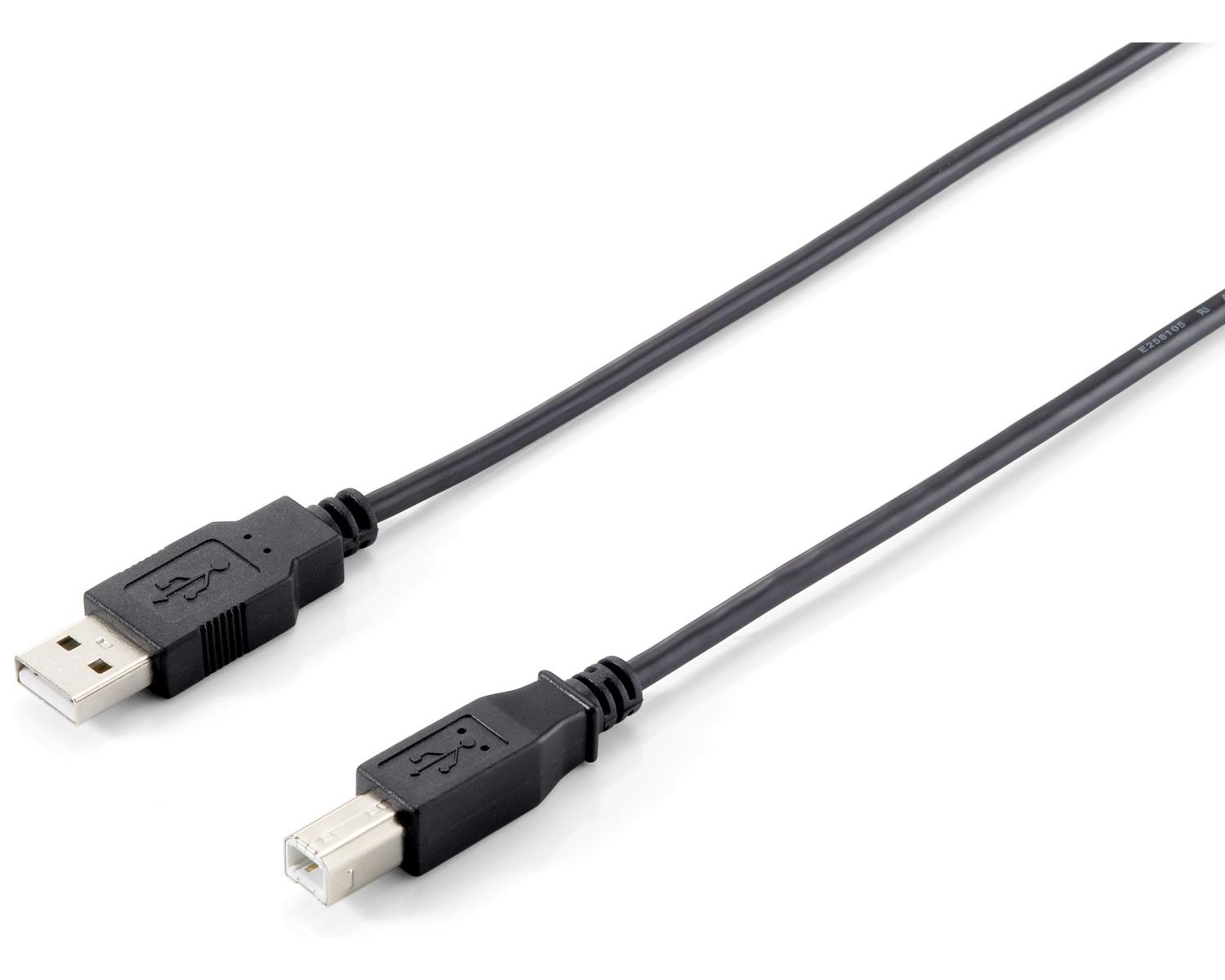 Zwarte USB A naar USB B kabel met connectoren op witte achtergrond.