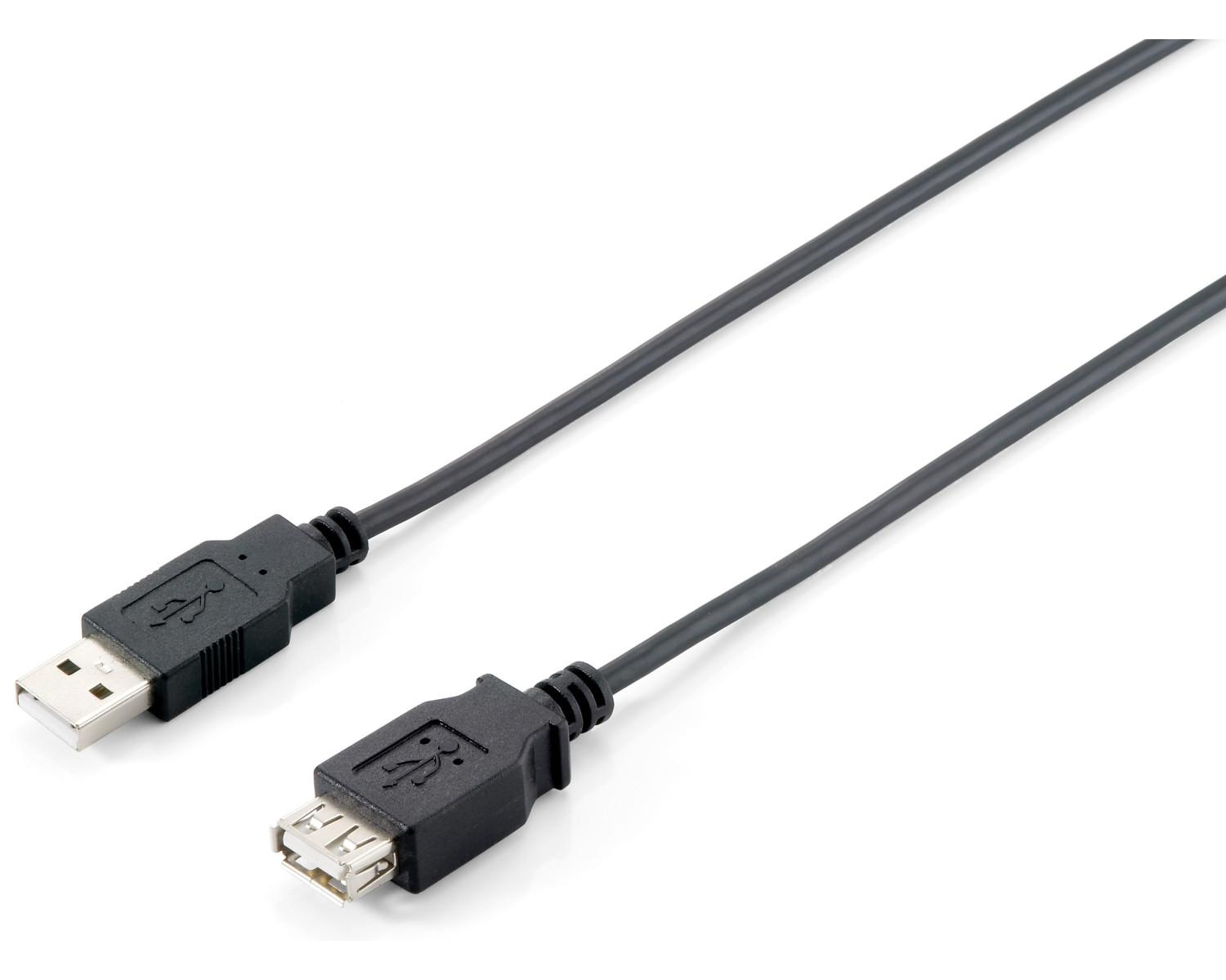 Un cavo USB nero con spina maschio e connettore femmina su sfondo bianco.