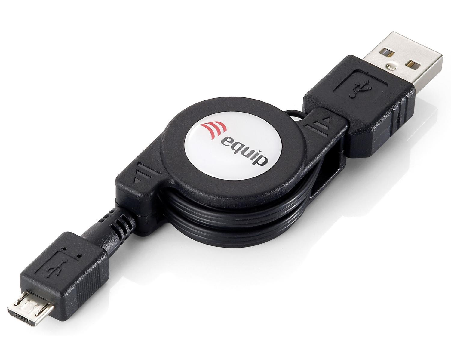 Cavo USB a Micro USB retrattile nero con logo Equip su sfondo bianco.