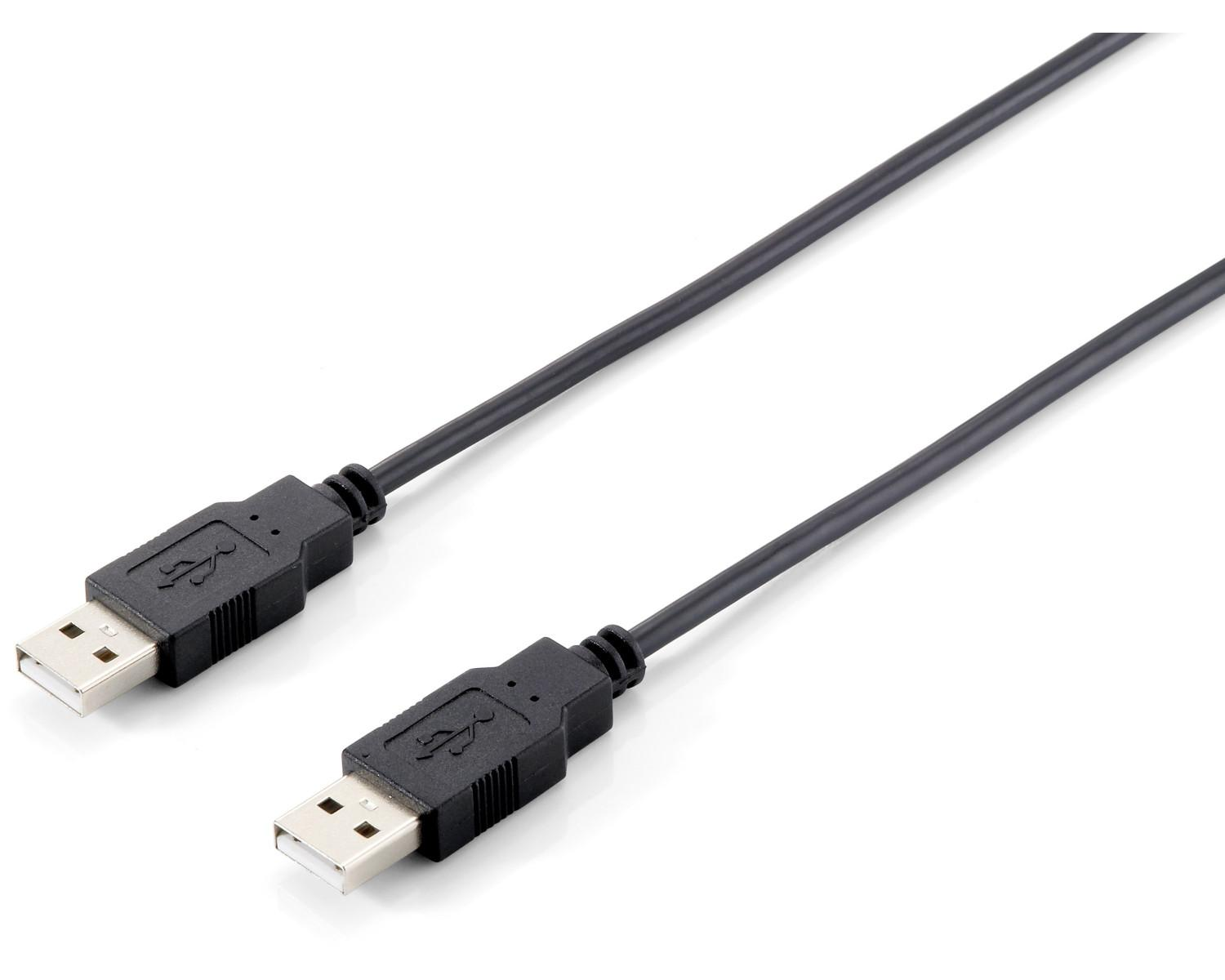 Un cavo USB nero con due connettori su sfondo bianco.