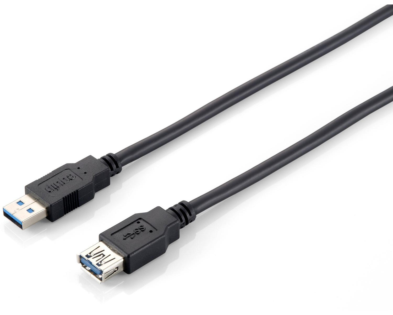 Een zwarte USB 3.0 kabel met USB-A en USB-B connectoren. Eén uiteinde heeft een blauwe binnenkant.