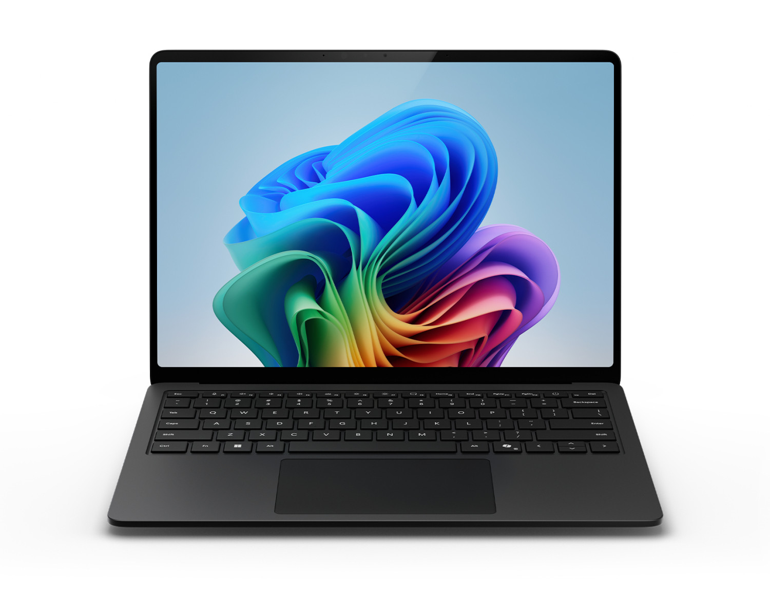 Un laptop nero mostra un vortice astratto colorato sullo schermo su sfondo azzurro.
