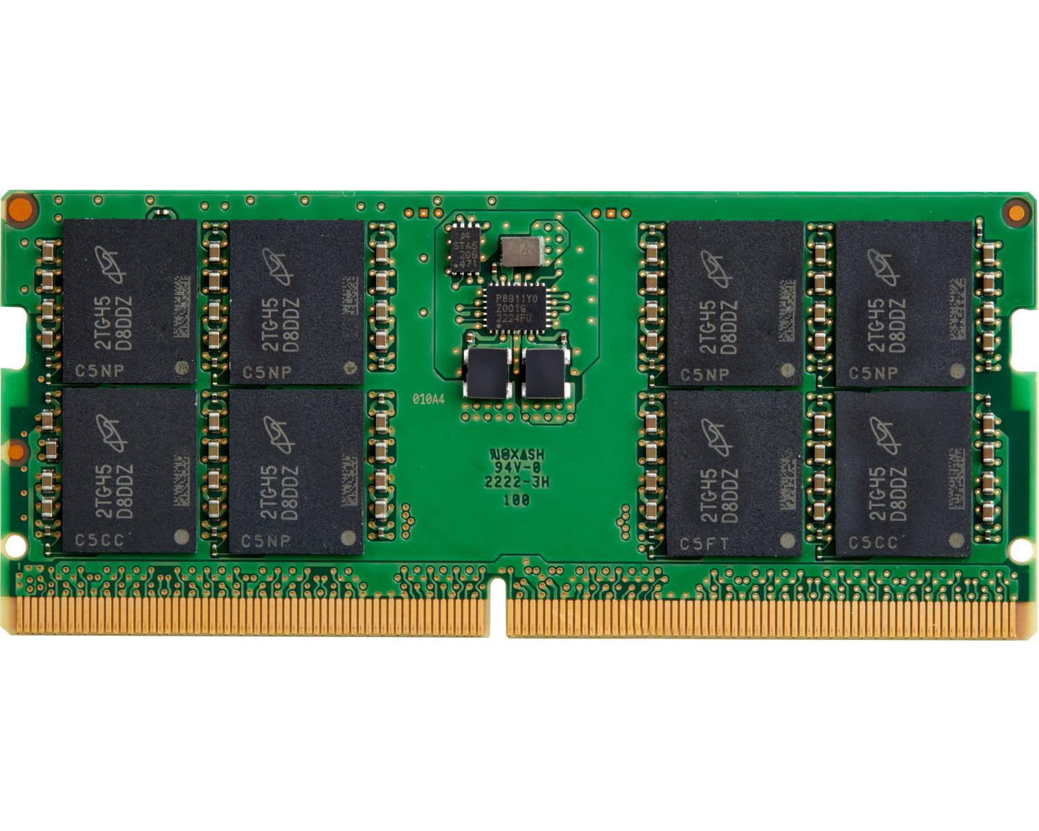 Grüne Platine mit Speicherchips und goldenen Kontakten. Obere Hälfte mit acht schwarzen Speicherchips.