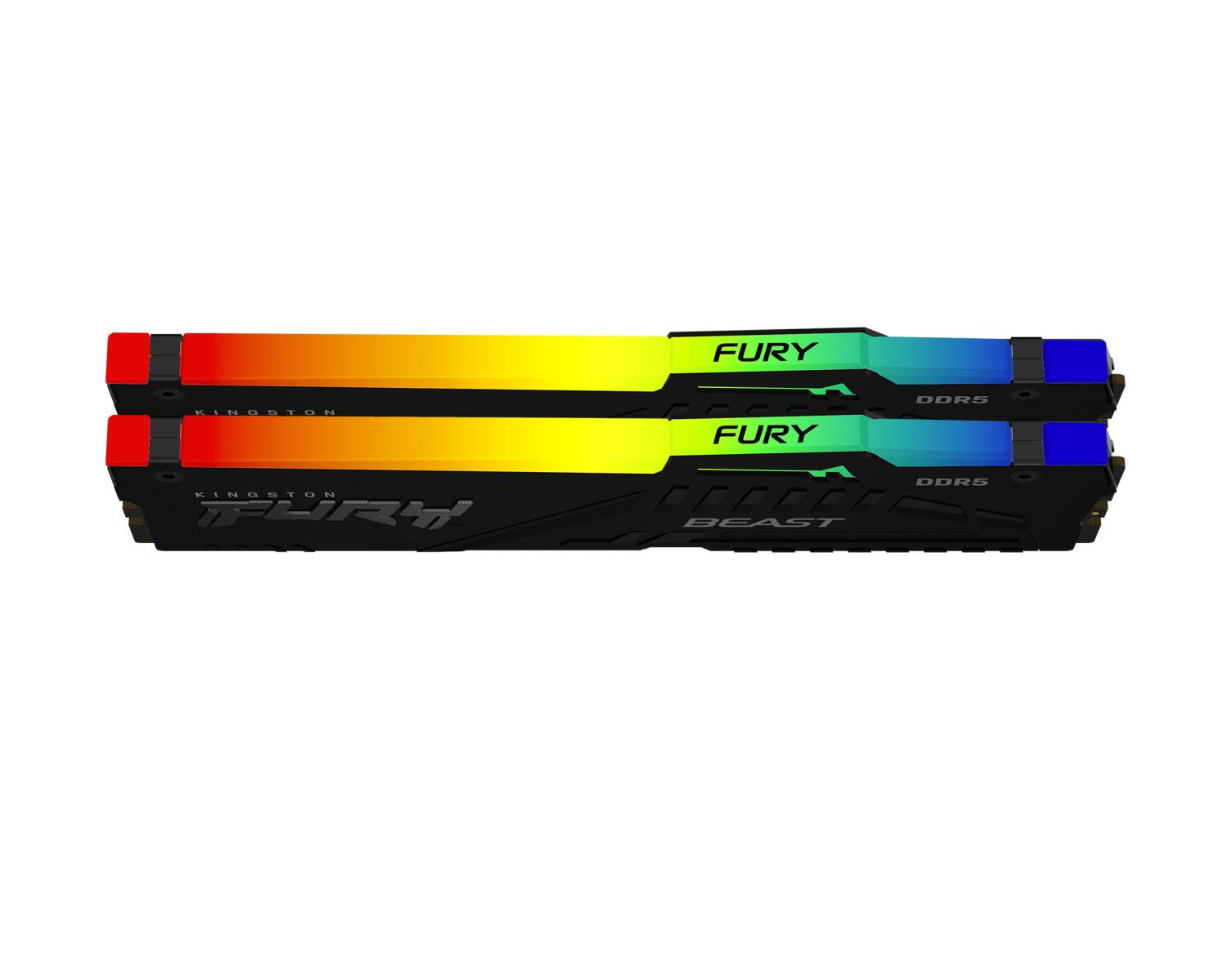Zwei Kingston Fury DDR5 RAM-Module mit RGB-Beleuchtung in Rot, Gelb, Grün und Blau.