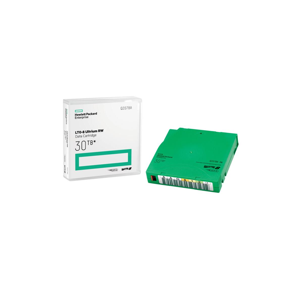 Due cartucce dati LTO-8 Ultrium RW, una in scatola, una verde.